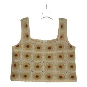 Rebellion Again Crochet Crop Top Sleeveless Knit Daisy Pattern Tank Beige Top L